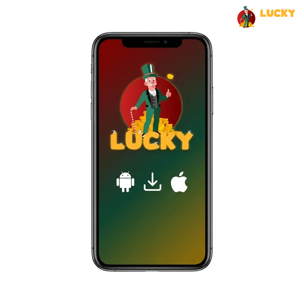 Smartphone showing LuckyMister app download screen for Android APK and iOS PWA with 500% bonus and 500 free spins offer