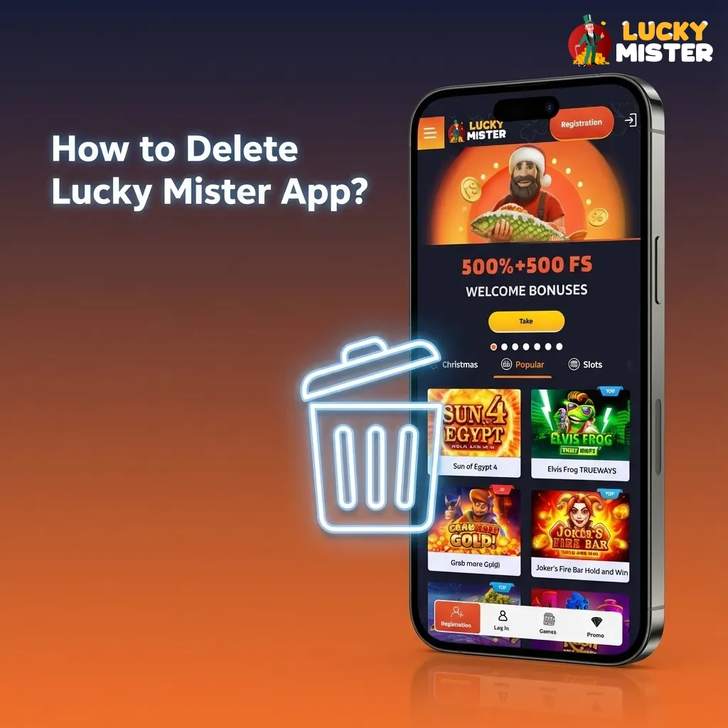 Phone screens showing Android and iOS home screens with steps to uninstall or remove the Lucky Mister app icon.