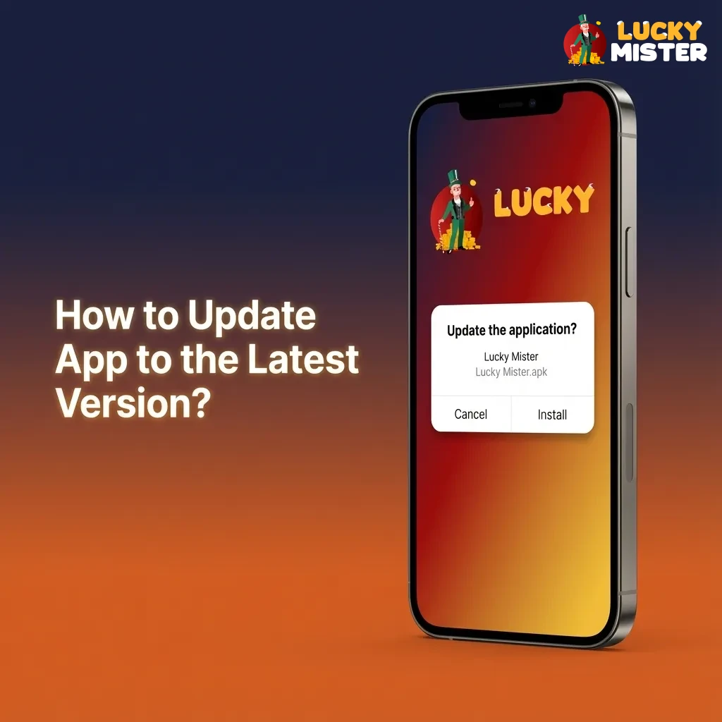 Smartphone screen showing Lucky Mister Android app update notification with steps to download, install, and restart the app