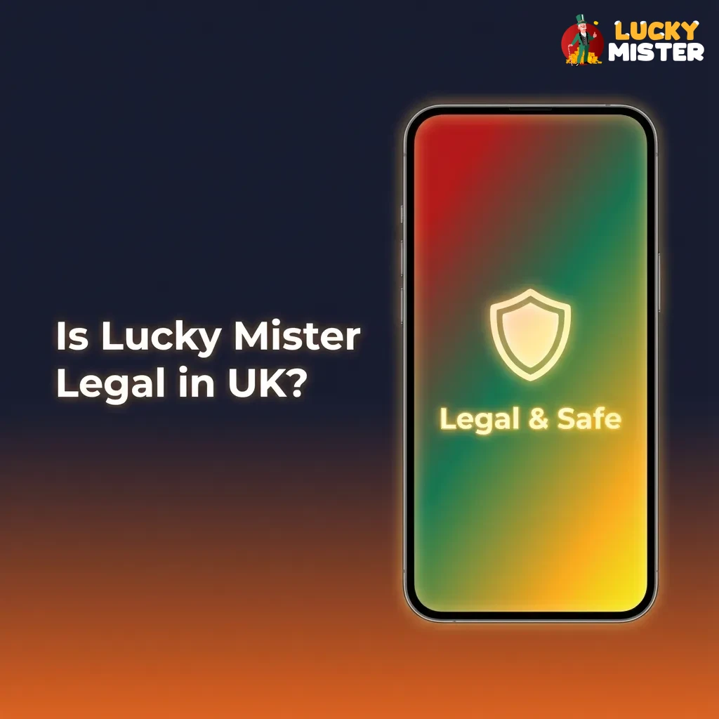 Graphic asking if Lucky Mister is legal in the UK, highlighting its licensed, secure and responsible gambling features