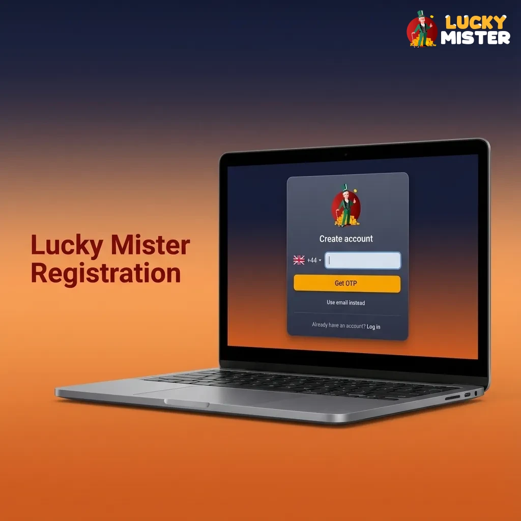 Illustrated Lucky Mister registration steps showing sign-up, personal details, email confirmation, profile setup and first deposit.