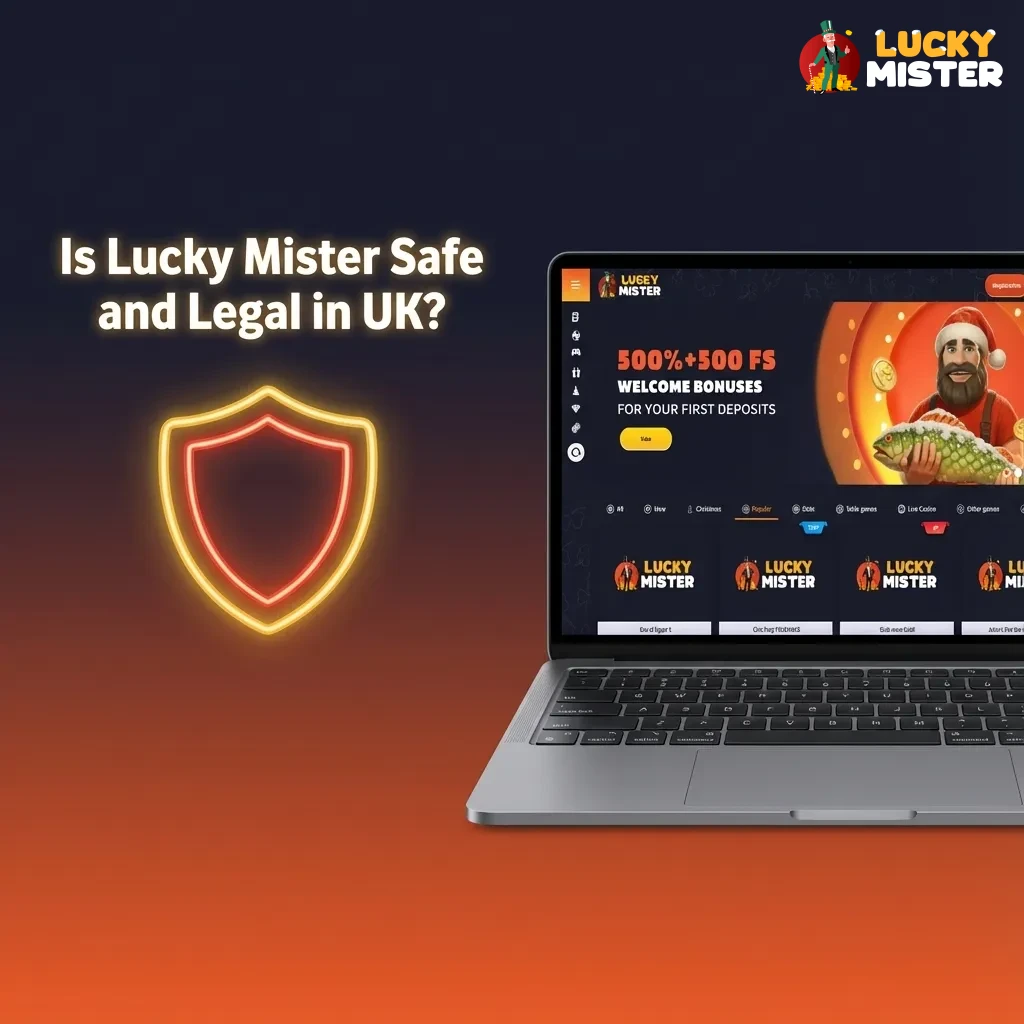Graphic asking if Lucky Mister is safe and legal in the UK, highlighting Curaçao licence, SSL security, and responsible gaming tools