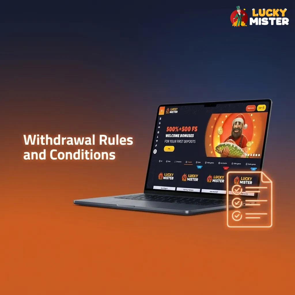 Infographic titled “Lucky Mister Withdrawal Rules” listing verification, limits, same-method payouts, bonus terms, and security checks.