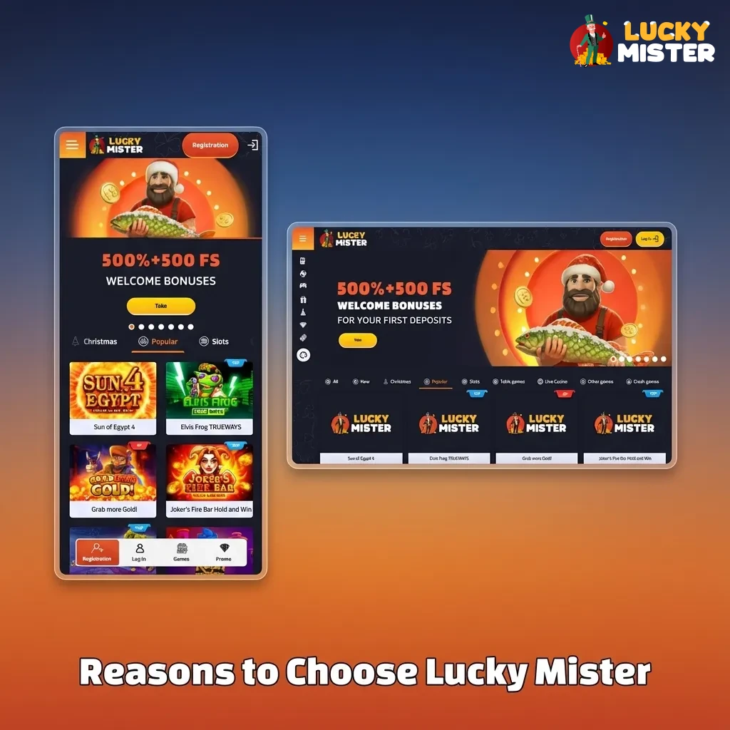 Graphic titled “Reasons to Choose Lucky Mister” with icons for sports odds, casino games, fast crypto payments and 24/7 support