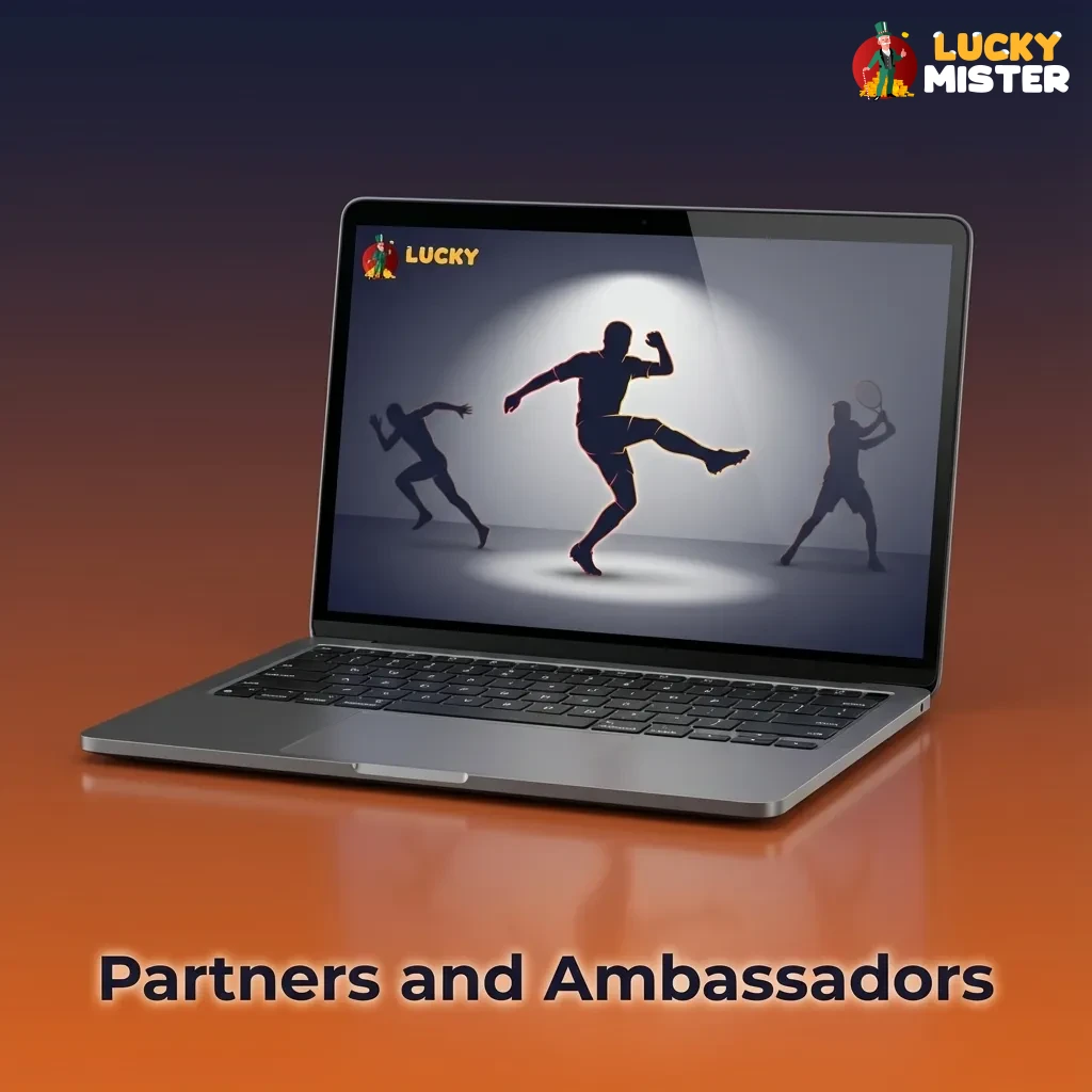 Illustration of Lucky Mister UK partners and ambassadors promoting sports insight, community support and responsible betting