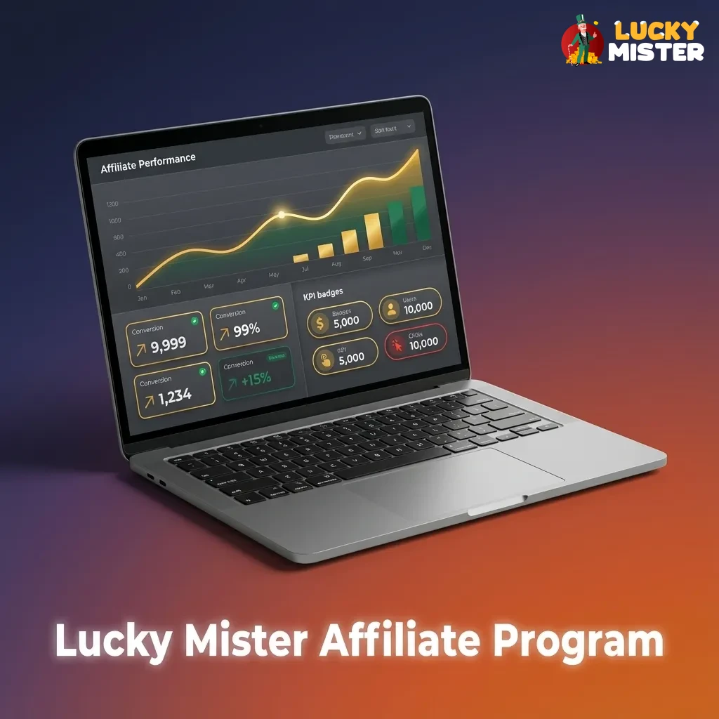 Lucky Mister Affiliate Program banner with dashboard charts, tracking links, and icons showing earnings, payouts, and marketing tools