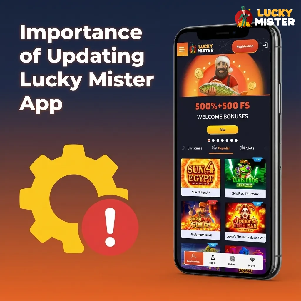 Illustration of a smartphone showing the Lucky Mister app with update icons, speed, security, and new feature symbols around it