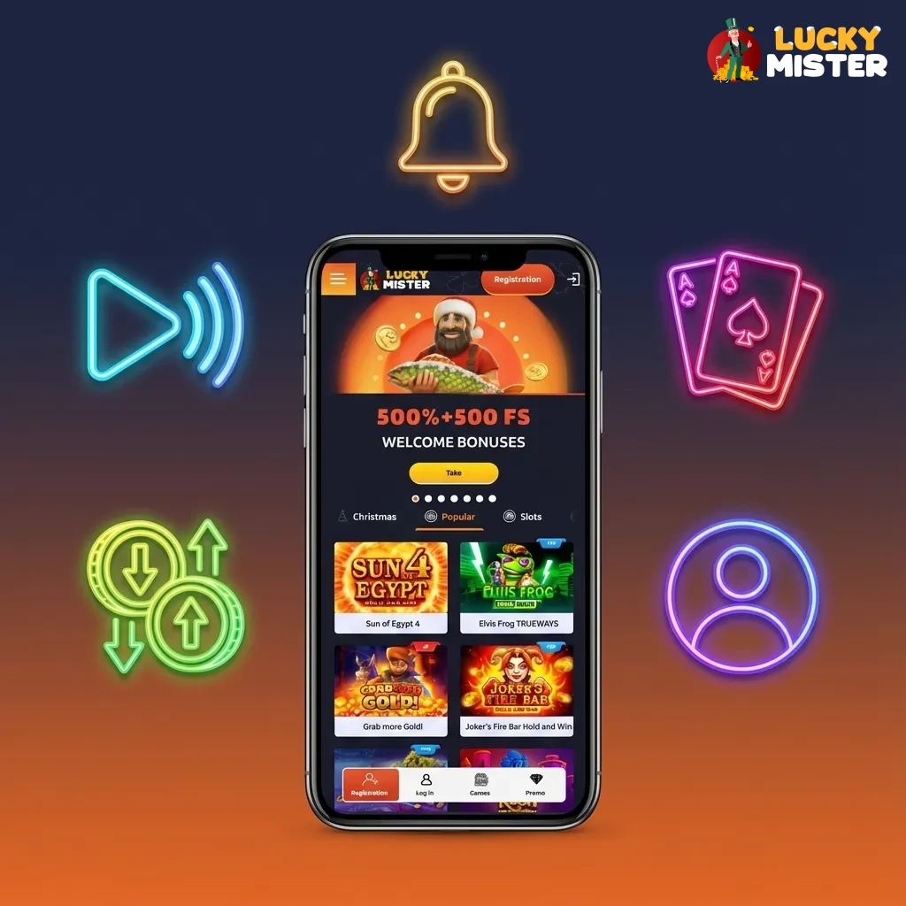 LuckyMister mobile app screens showing live betting, casino games, and secure banking options on a smartphone interface
