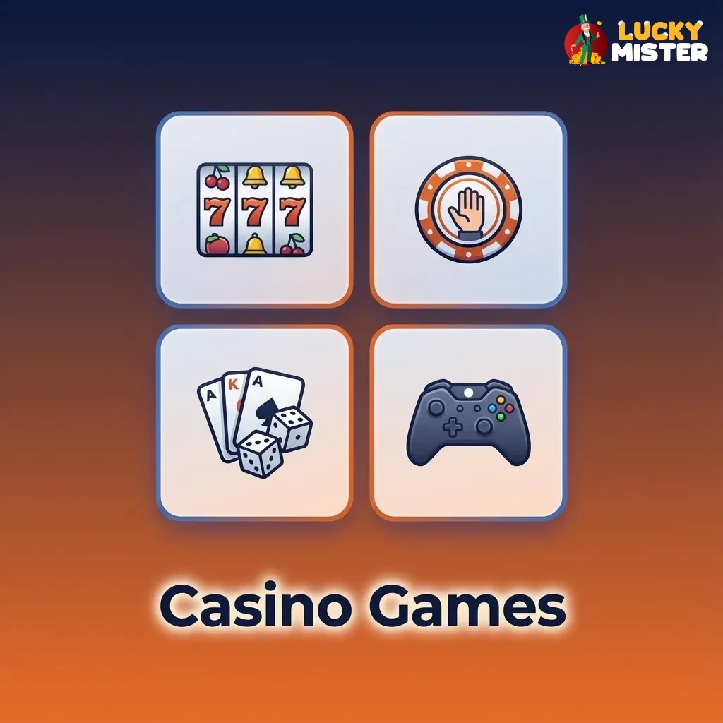 Collage of online casino games including slots, roulette, blackjack, poker, live dealer tables, and instant win titles