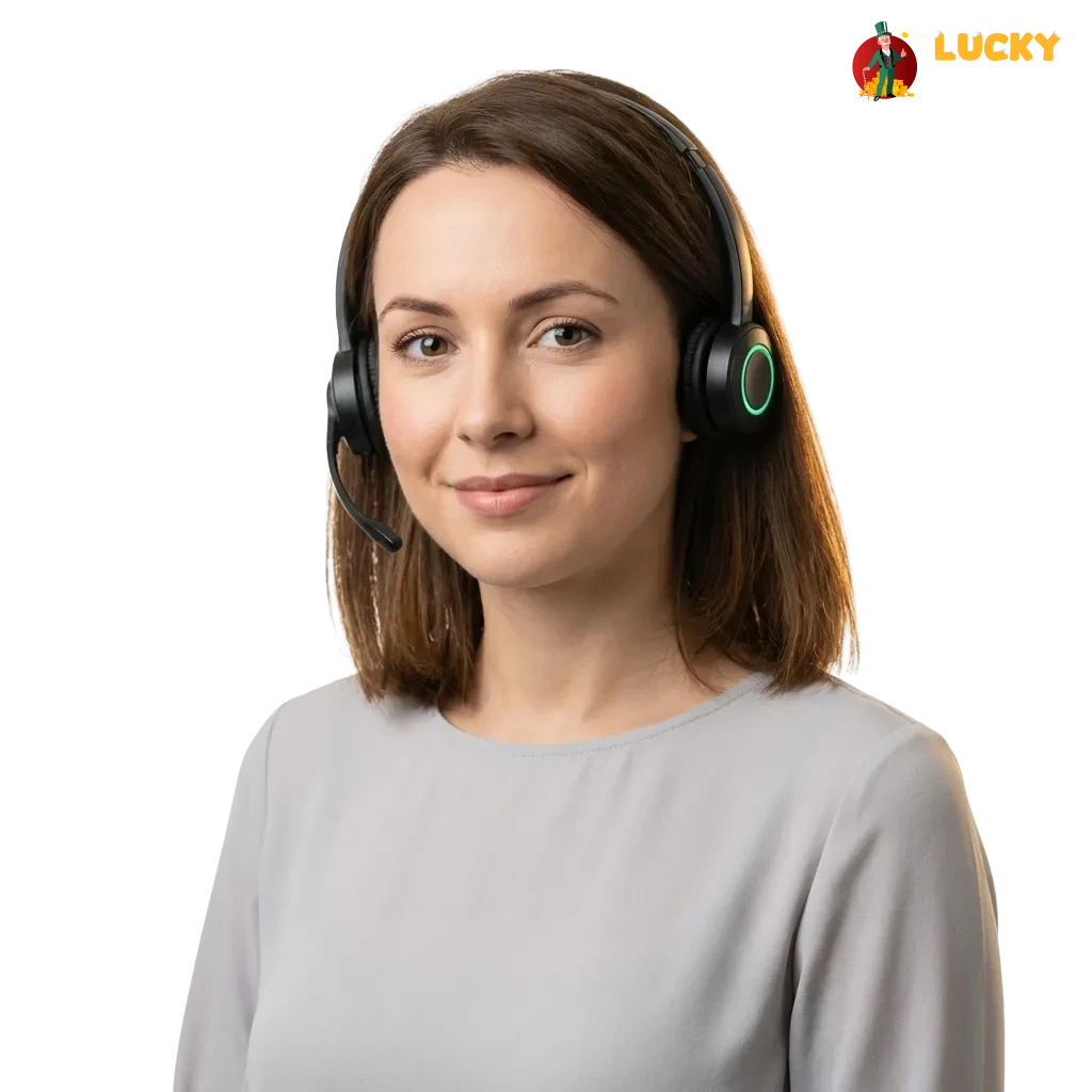 LuckyMister UK contact page showing support options via email, live chat, phone, and social media for English-speaking users