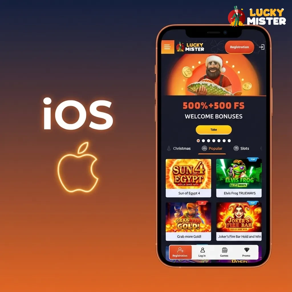 iPhone screen showing Safari menu steps to add the Lucky Mister casino site to the iOS home screen like an app