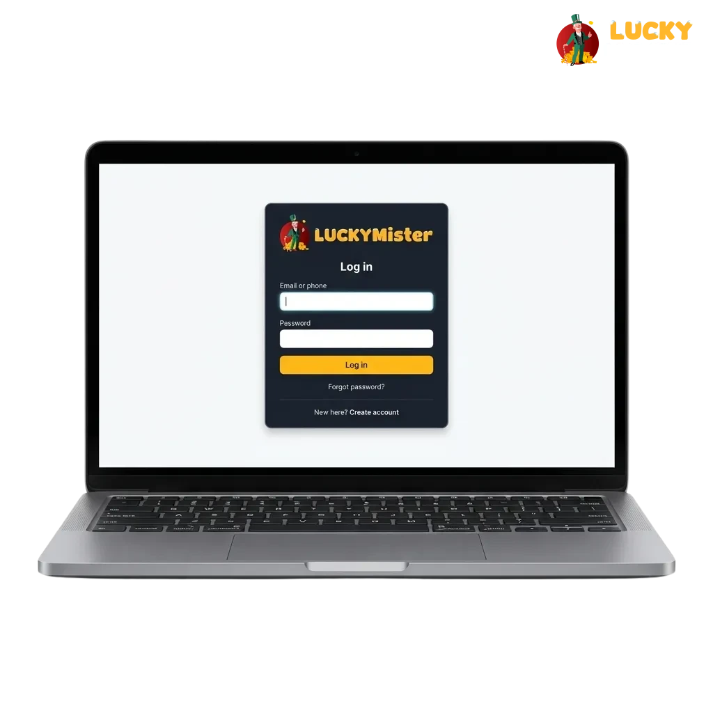 Lucky Mister UK login page on desktop and mobile, showing email, password fields and two-factor authentication option