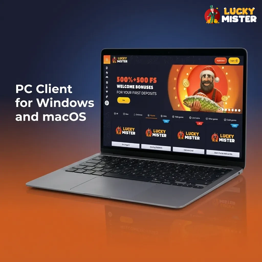 Screenshot explaining Lucky Mister has no PC client; play via modern browsers like Chrome, Edge, or Safari on desktop or laptop