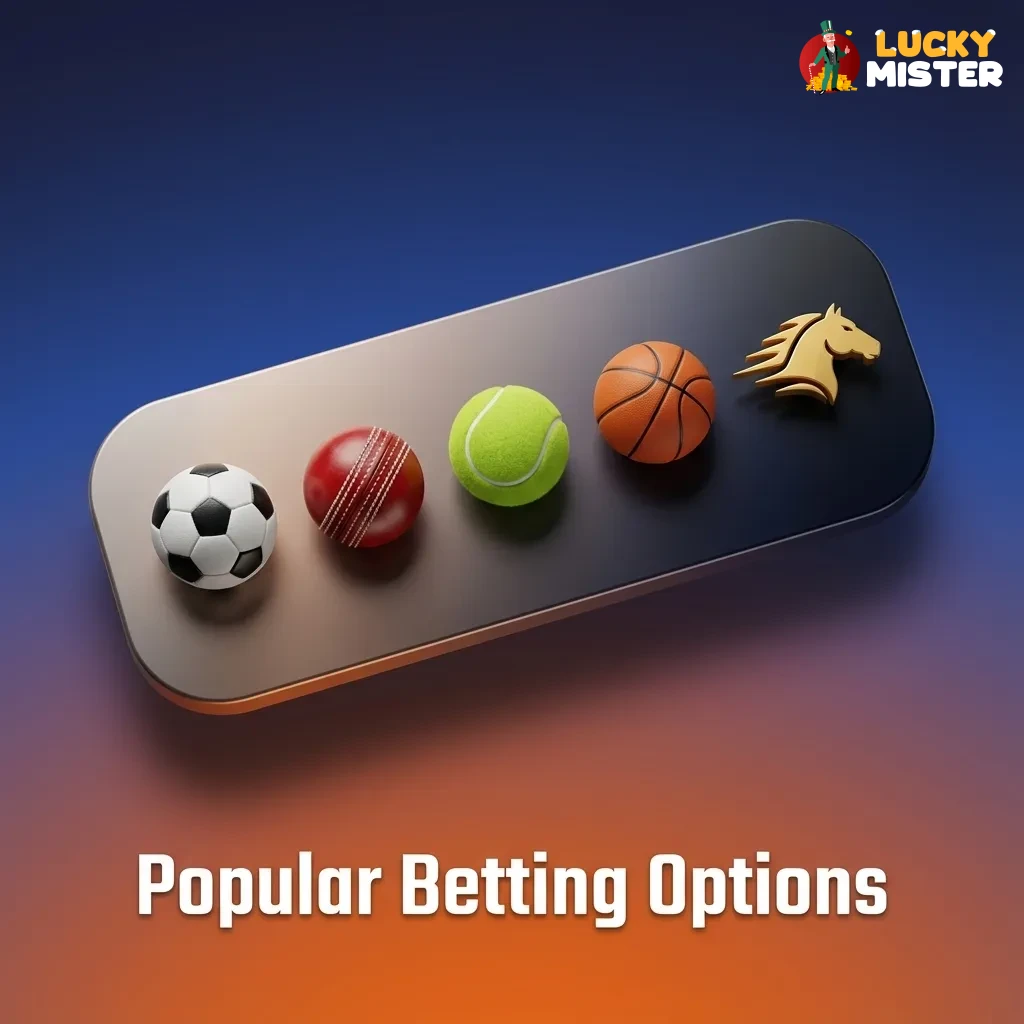 Infographic titled “Popular Betting Options” showing Multi Live, Line (Prematch), and Live Betting features on the Lucky Mister site