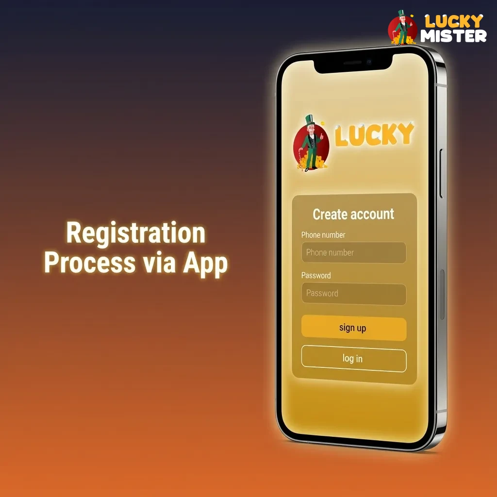 Smartphone screen showing LuckyMister app signup steps with fields for email, password, personal details, and verification
