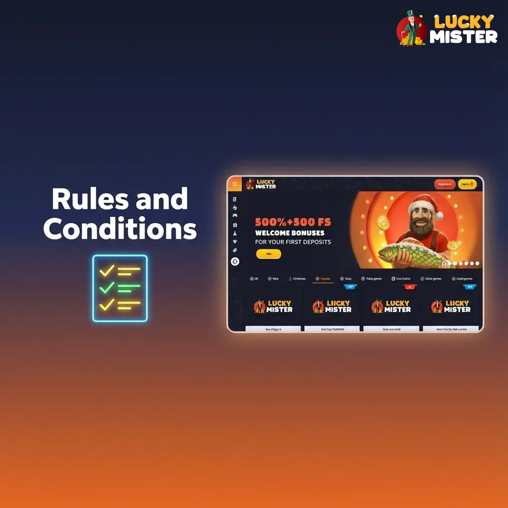Graphic showing “Rules & Conditions” for Lucky Mister gambling, highlighting age limit, one account, bonus rules, and verification