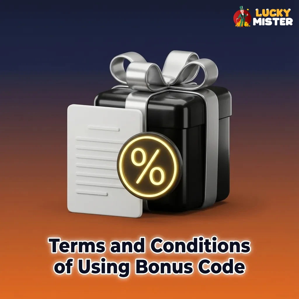 Illustrated “Terms and Conditions of Using Bonus Code” page highlighting key LuckyMister promo rules and eligibility points