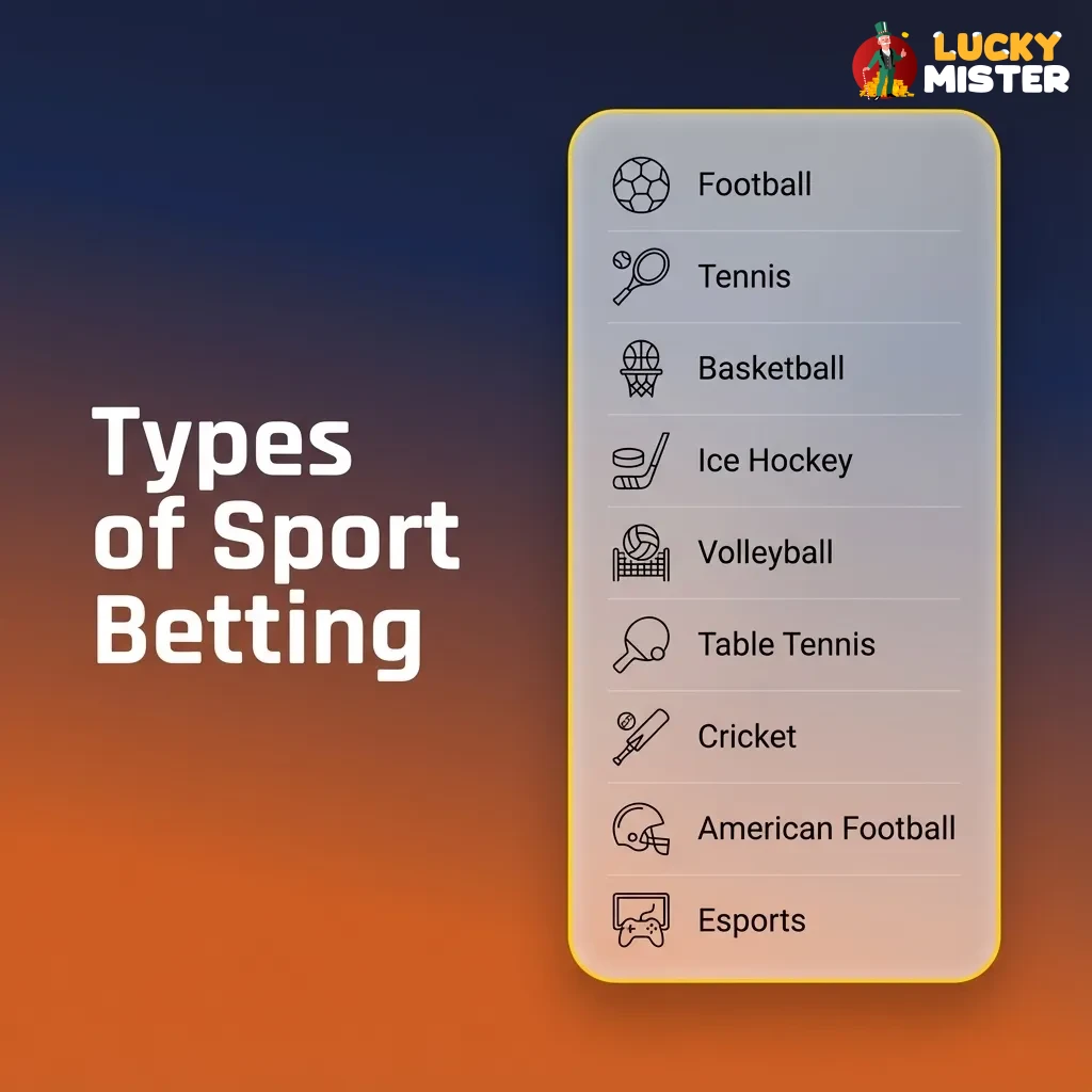 Graphic titled “Types of Sport Betting” showing UK-focused markets for football, horse racing, tennis, cricket and rugby.