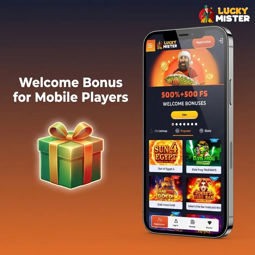 Smartphone showing 500% welcome casino bonus and 500 free spins for new UK mobile players on selected slot games