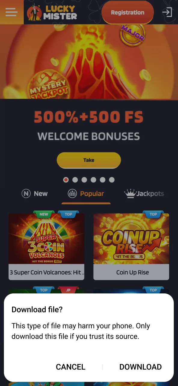 Confirm Lucky Mister download accept pop-up to start file transfer.