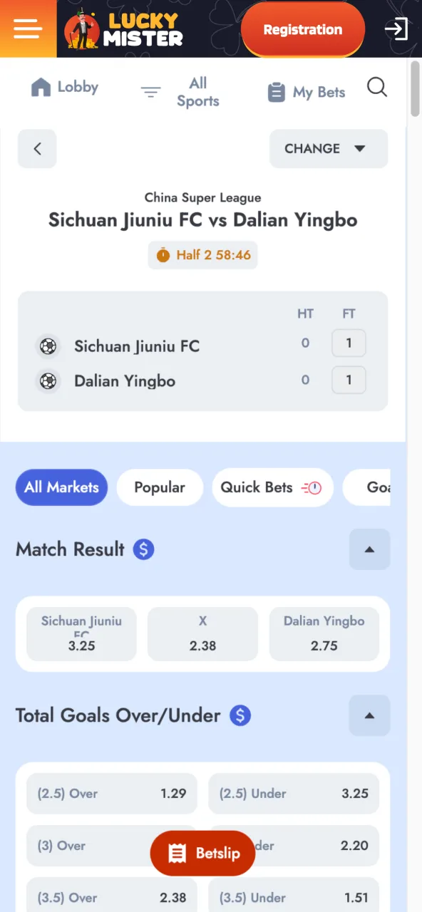 Choose Lucky Mister bet tap market and confirm selection.