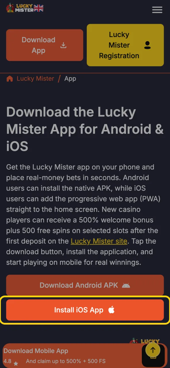 Get Lucky Mister iOS press iOS button to begin download.