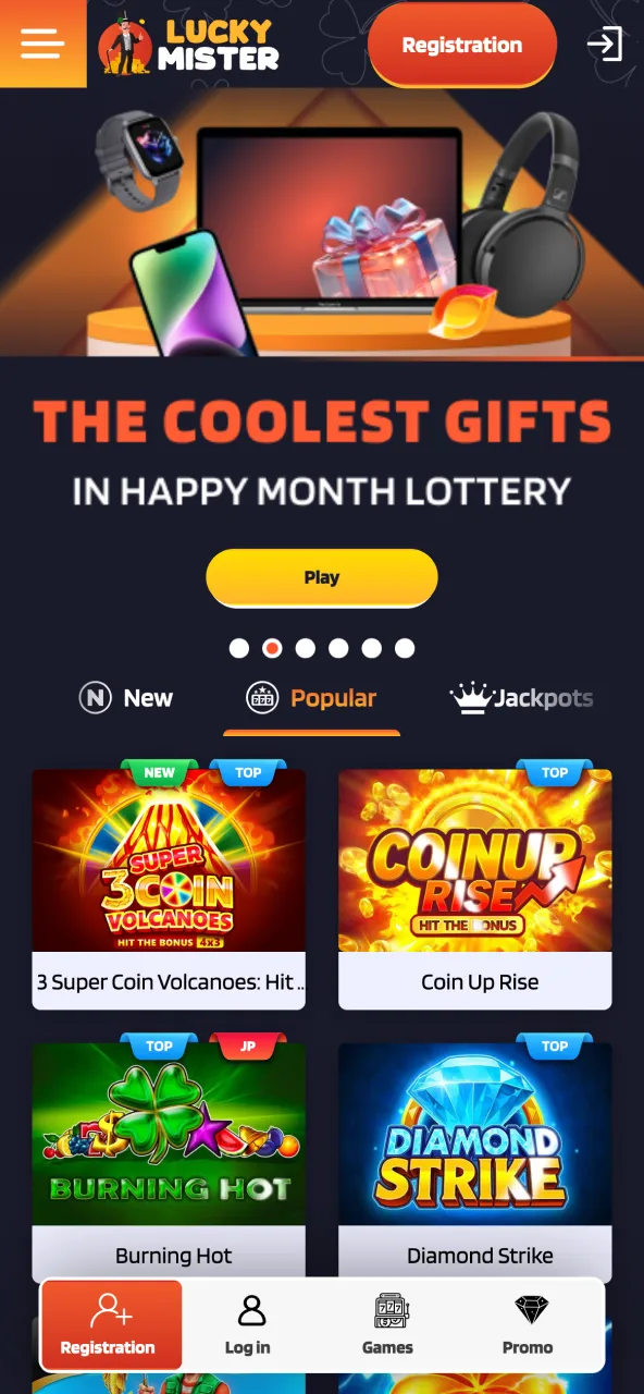 Lucky Mister app start mobile dashboard for betting and play.