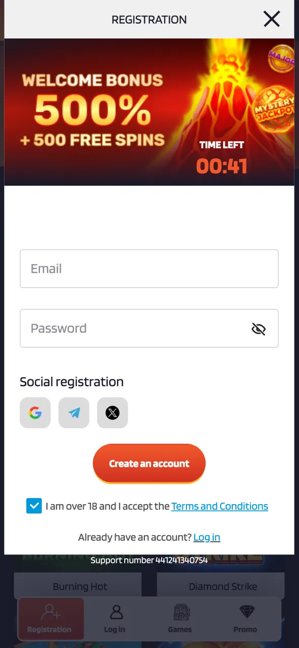 Sign up Lucky Mister app register new account via phone.