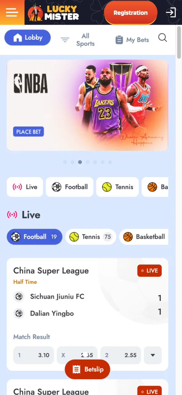 Sports betting Lucky Mister app select matches and place wagers.
