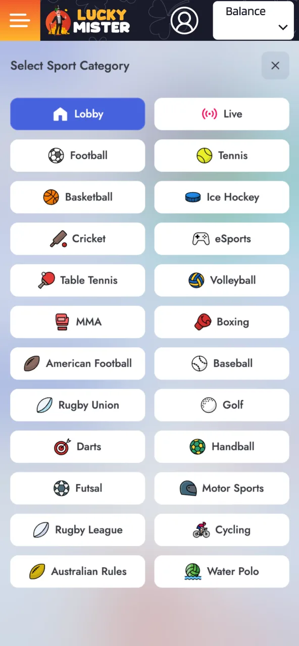 Select Lucky Mister competition pick league or live event.