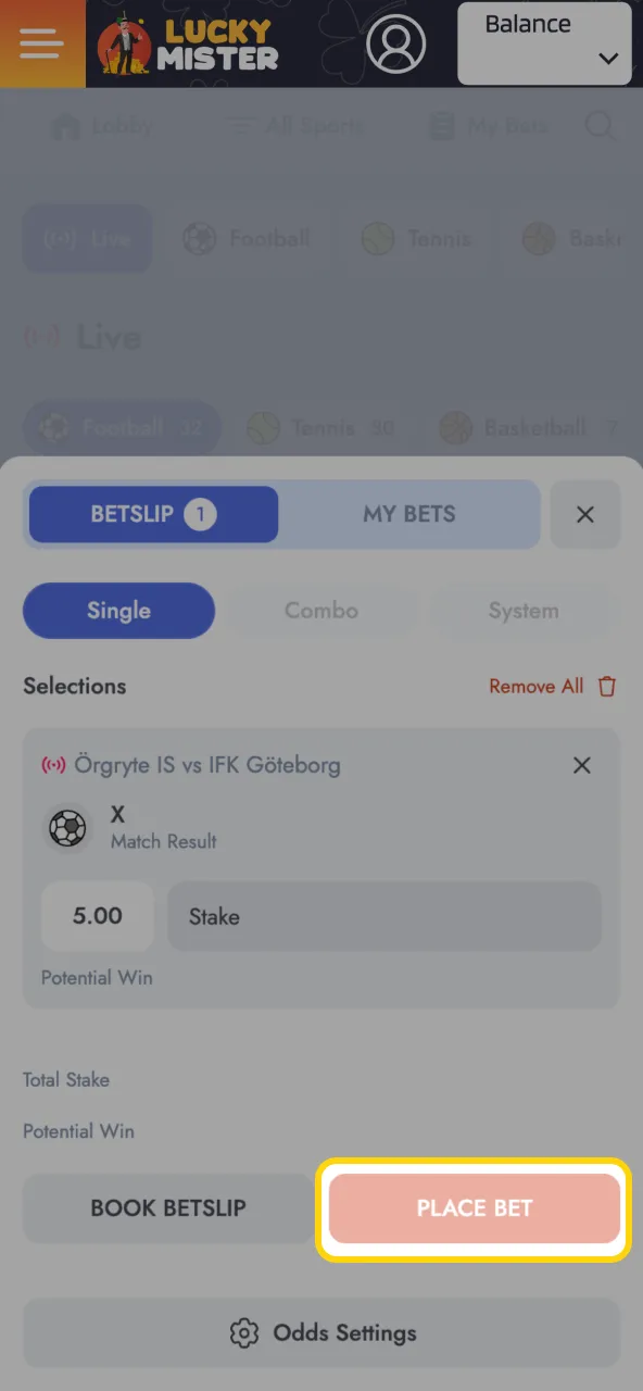 Place Lucky Mister wager confirm bet with on‑screen notice.