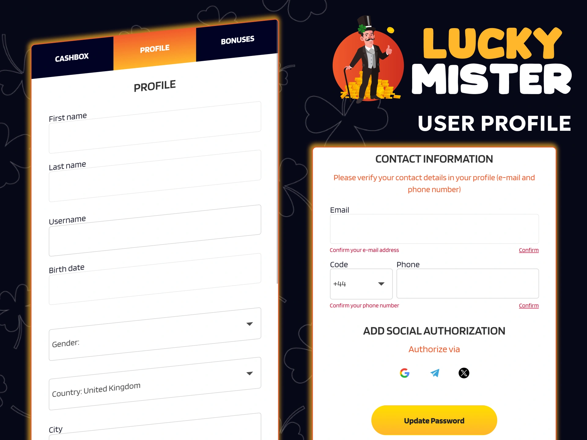 Review your profile and settings in the Lucky Mister app.