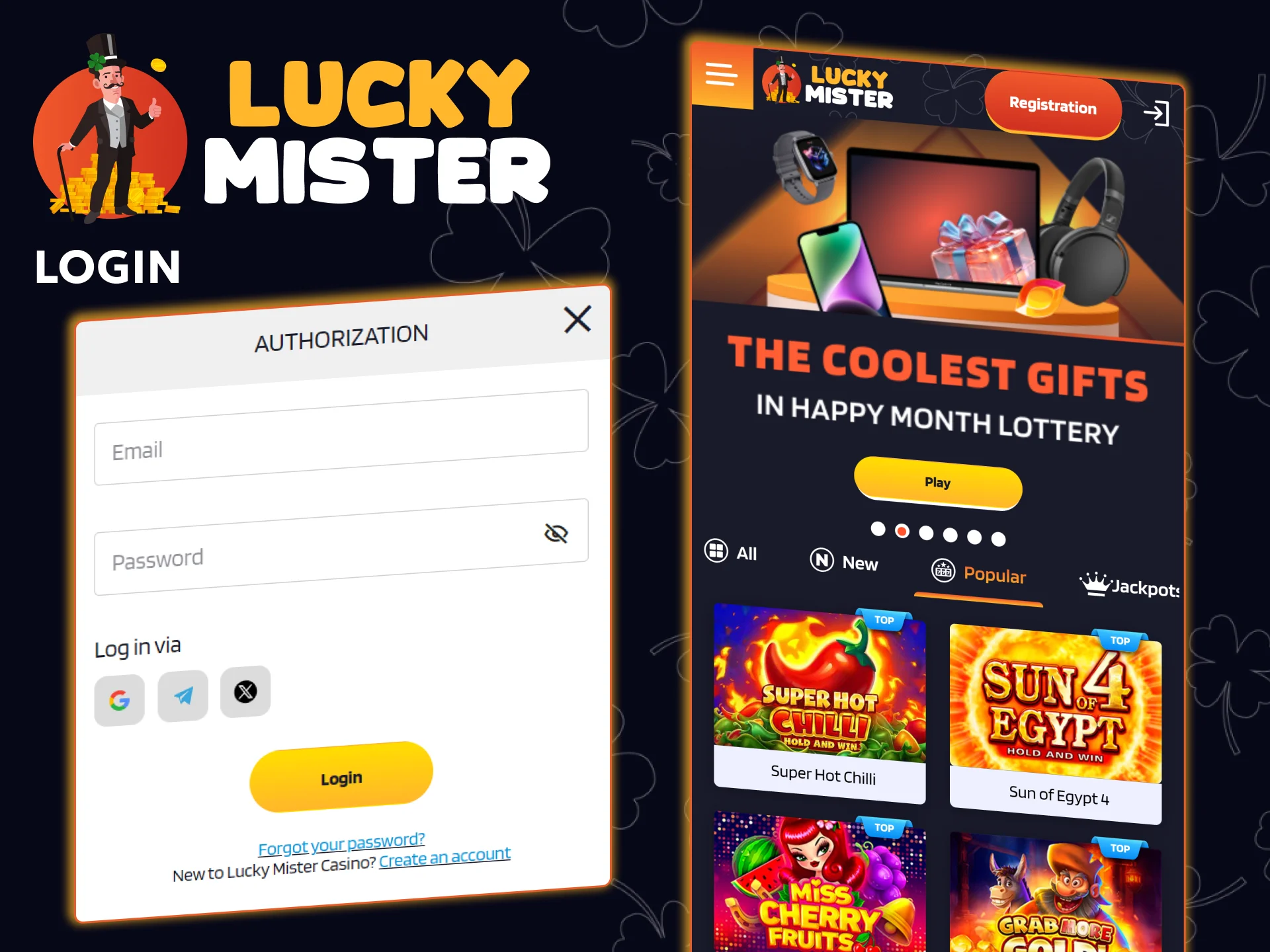 Access your Lucky Mister account using your login credentials.