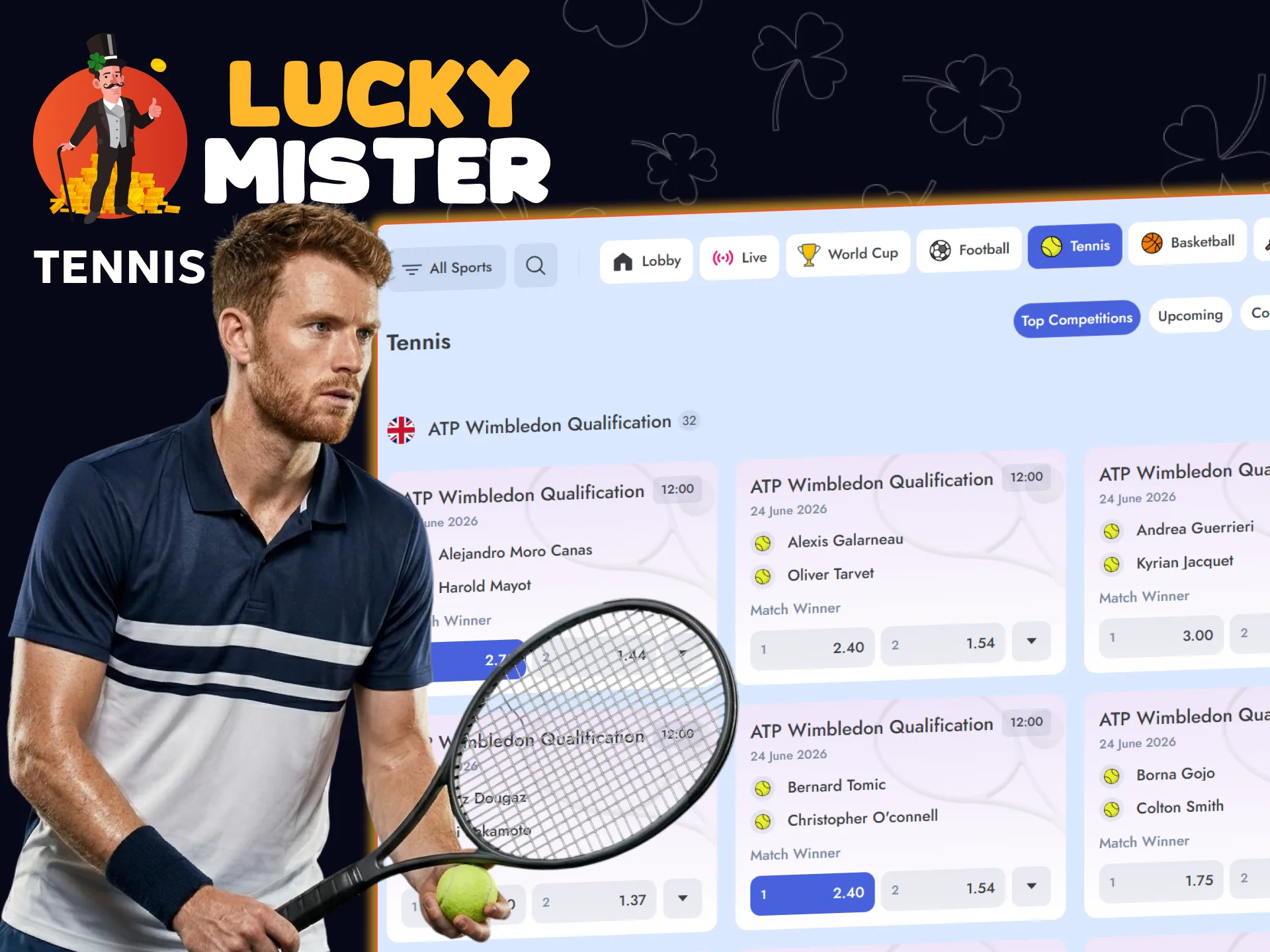 Find the Tennis section under Sports on the Lucky Mister website to place a bet.